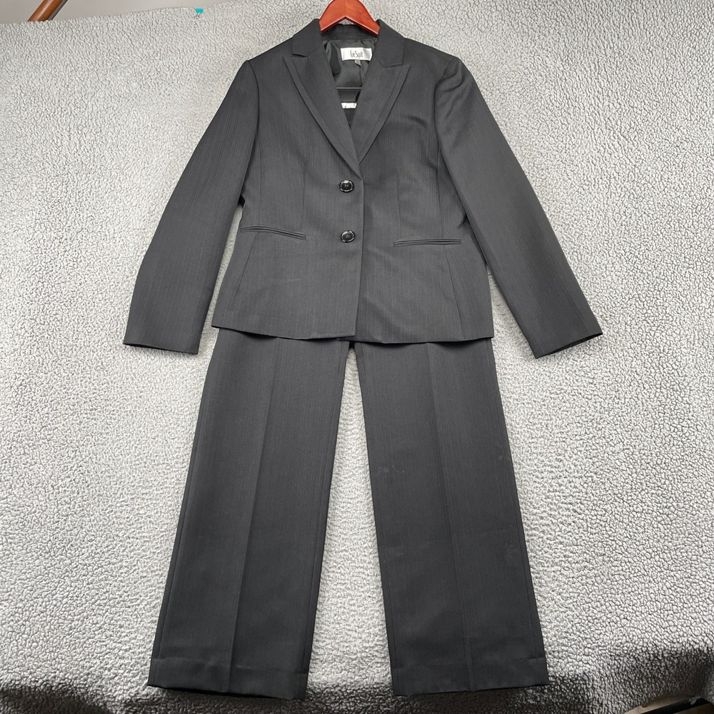 Le Suit Pant Suit Women 12 Black Herringbone 2-Piece Blazer Trousers Suit Set